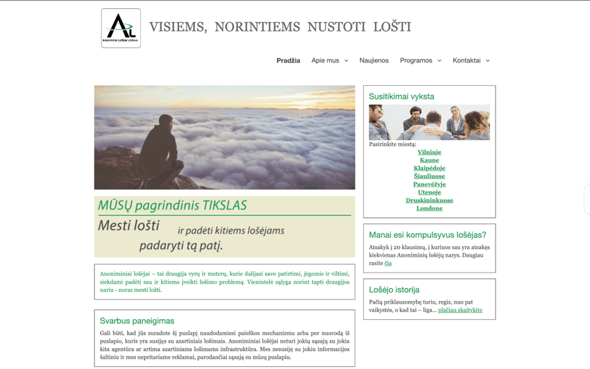 „Anoniminių lošėjų grupės“ interneto svetainės pagrindinis puslapis