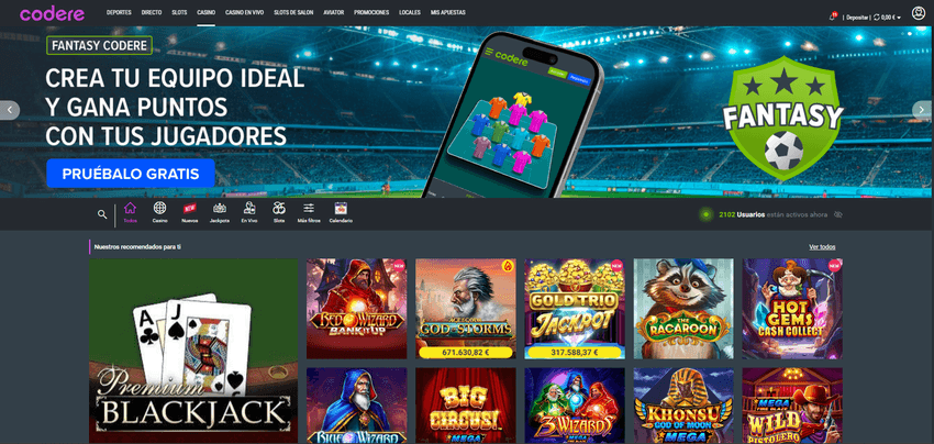 Juegos de casino en Codere Sección de casino en Codere mostrando juegos de blackjack y tragamonedas.