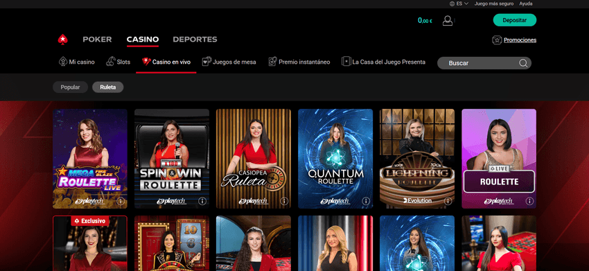 Catálogo de casino en vivo en PokerStars con ruletas como Lightning Roulette y Quantum Roulette.