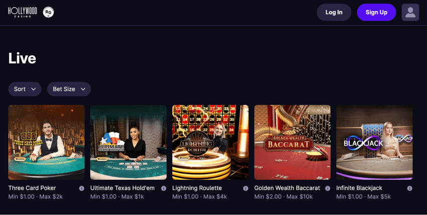 Evolution Live Casino Games at Hollywood Casino Hollywood Casino live dealer lobby with Evolution poker, roulette, baccarat and Infinite Blackjack