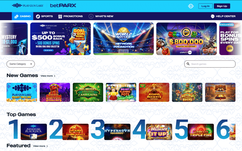 Play Gun Lake Casino MI Homepage Play Gun Lake Casino Michigan homepage displaying featured promotions, casino games, and navigation options.