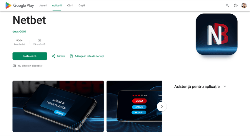 Aplicația NetBet în Google Play pentru Android
