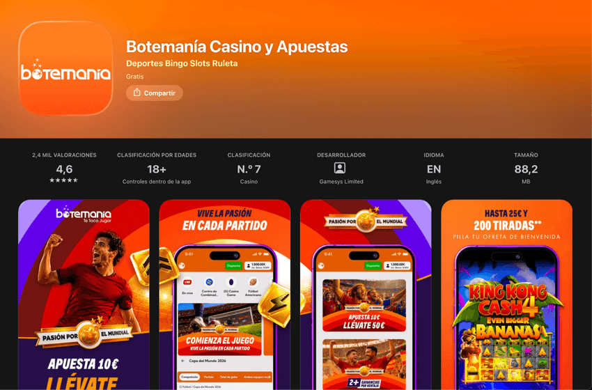 App móvil de Botemanía para iOS y Android Ficha de la aplicación Botemanía Casino y Apuestas en la tienda de aplicaciones con valoraciones y capturas de pantalla.