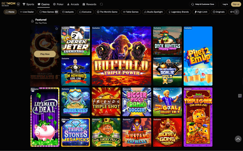 BetMGM Casino Game Lobby BetMGM Casino Michigan game lobby featuring slots, jackpots, table games, and live dealer categories.
