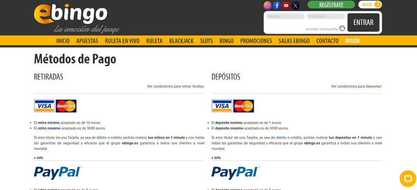 Métodos de pago de eBingo Página de métodos de pago de eBingo con depósitos y retiradas mediante Visa, Mastercard y PayPal.