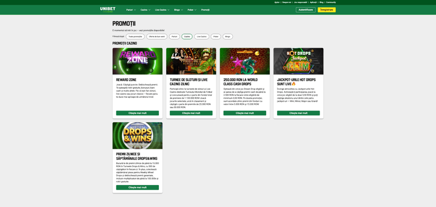 Promoții și recompense la Unibet Casino Pagina de promoții Unibet Casino cu Reward Zone, turnee, Cash Drops, Hot Drops și Drops & Wins.