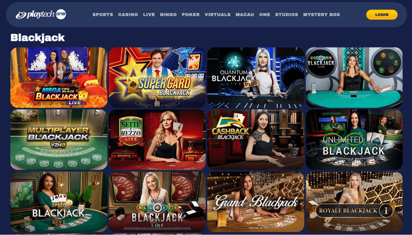 Κατάλογος παιχνιδιών μπλάκτζακ της Playtech με Mega Fire Blaze Blackjack, All Bets Blackjack, Cashback Blackjack και Grand Blackjack.