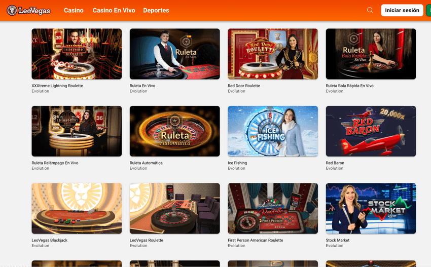 Catálogo de juegos de Evolution en LeoVegas España