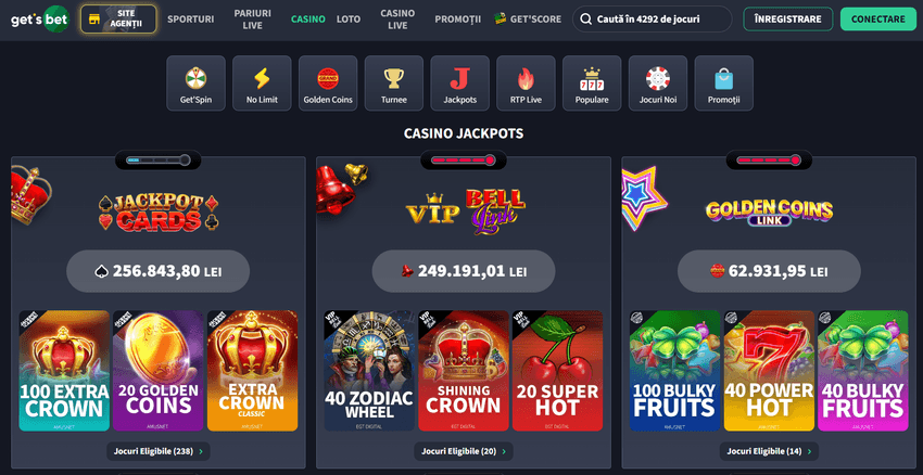 Lobby GetsBet cu jackpoturi și jocuri eligibile