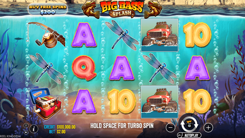 Βασική οθόνη του Big Bass Splash Η βασική οθόνη του Big Bass Splash με τους πέντε κυλίνδρους, τα σύμβολα ψαρέματος και την επιλογή Buy Free Spins.