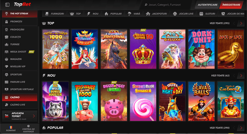 Catalogul de jocuri TopBet Lobby-ul TopBet cu secțiuni pentru jocuri top, noi și populare, cu titluri precum Gates of Olympus 1000, Starlight Princess și Big Bass Splash 1000.