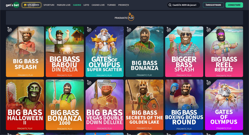 Jocuri Pragmatic Play la GetsBet cu Big Bass Splash, Big Bass Baboiu’ din Deltă, Gates of Olympus și Bigger Bass Splash.