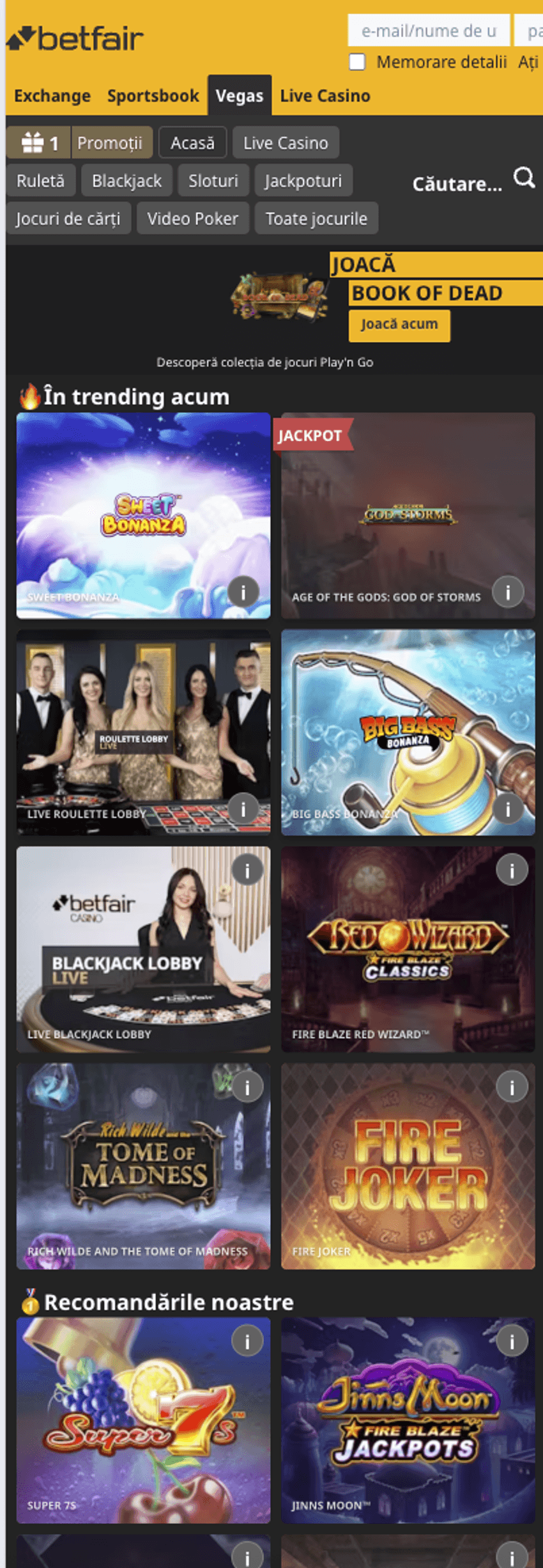 Experiența Betfair Vegas pe mobil Versiunea mobilă Betfair Vegas România cu sloturi, live casino, blackjack și jackpoturi.