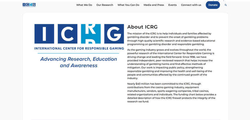 ICRG logo and mission statement: advancing research, education, and awareness in responsible gaming.