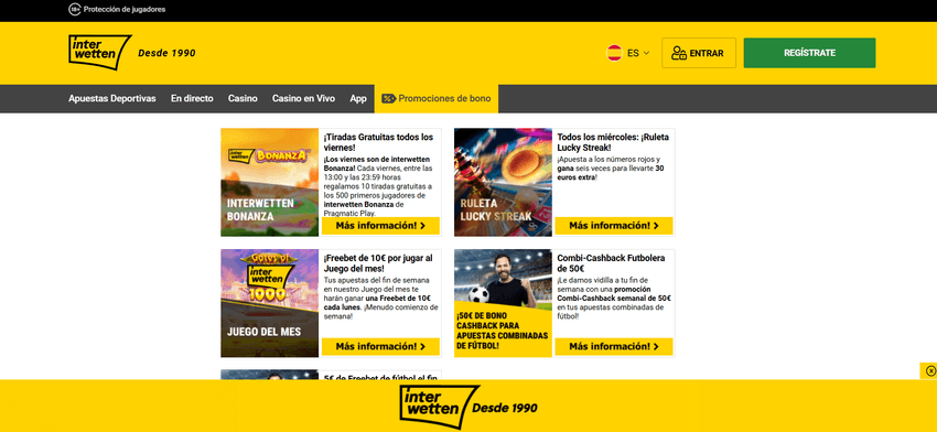 Página de promociones de Interwetten con tiradas gratis y Juego del Mes