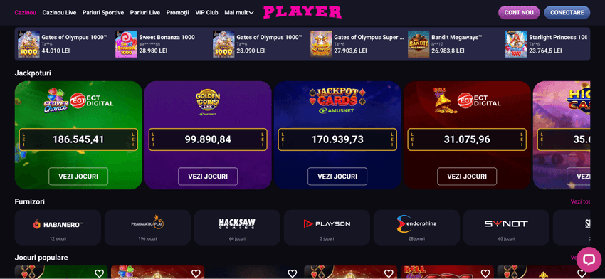 Jackpoturi Player Casino și furnizori precum EGT Digital, Amusnet, Pragmatic Play și Hacksaw Gaming