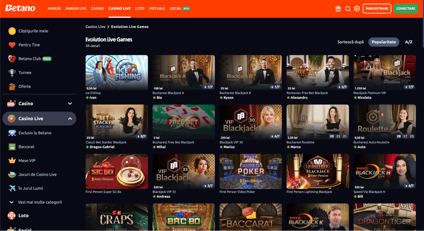 Jocuri Evolution Live la Betano Jocuri Evolution Live la Betano cu Ice Fishing, Bucharest Blackjack, Romanian Free Bet Blackjack și ruletă