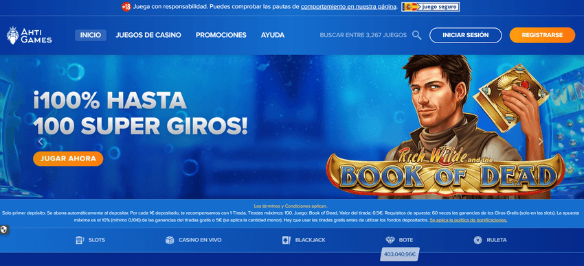 Página principal de AHTI Games España con promoción de hasta 100 tiradas en Book of Dead