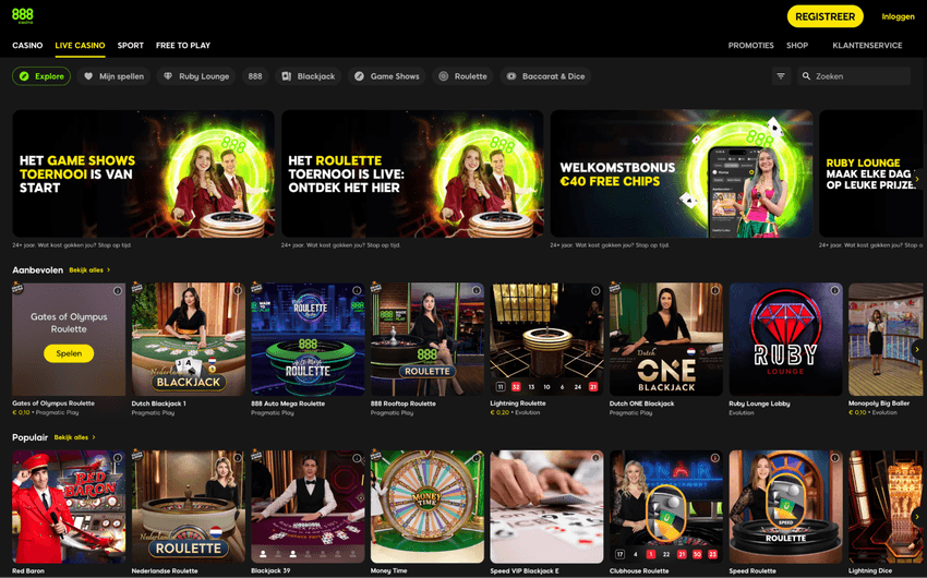 888 Casino live casino met live dealers Screenshot van het live casino van 888 Casino met live dealer spellen