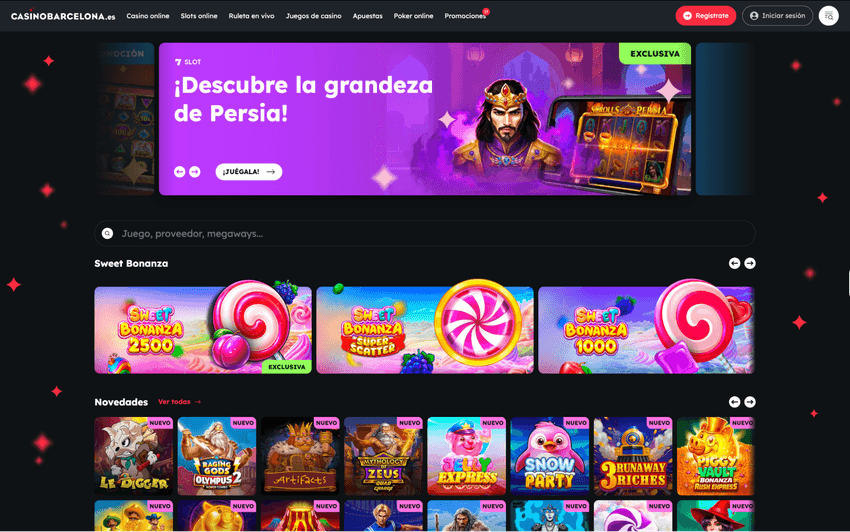 Captura de la página principal de Casino Barcelona Online con tragamonedas destacadas, buscador de juegos y promociones para jugadores registrados.