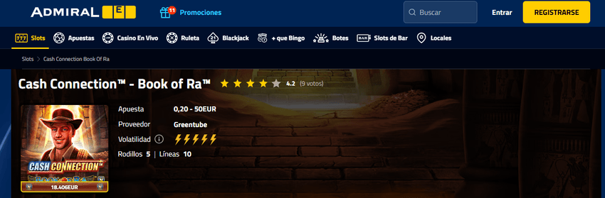 Página del juego Cash Connection Book of Ra con detalles técnicos