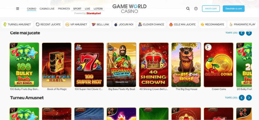 Lobby-ul Game World Casino cu jocuri populare, inclusiv 100 Bulky Fruits, Book of Ra Magic și Big Bass Floats My Boat