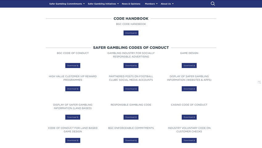 Screenshot of the Betting and Gaming Council Codes of Conduct webpage, showing safer gambling standards, downloadable policy documents, and complaint procedures for member organisations.