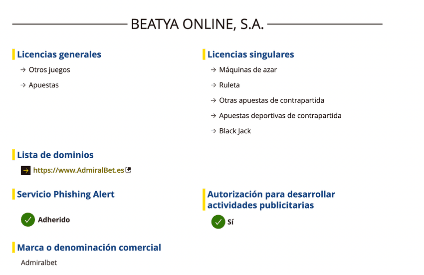 Información de licencias y autorización de AdmiralBet en la DGOJ