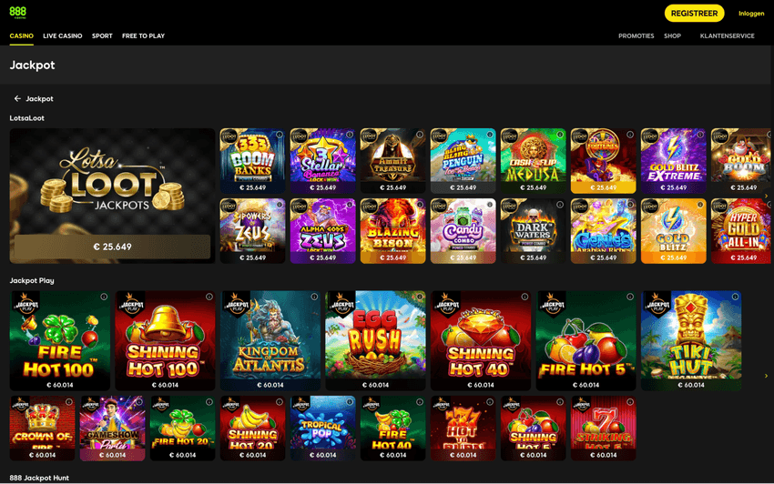 888 Casino jackpot games met progressieve jackpots Screenshot van de jackpot games pagina van 888 Casino met progressieve jackpotslots