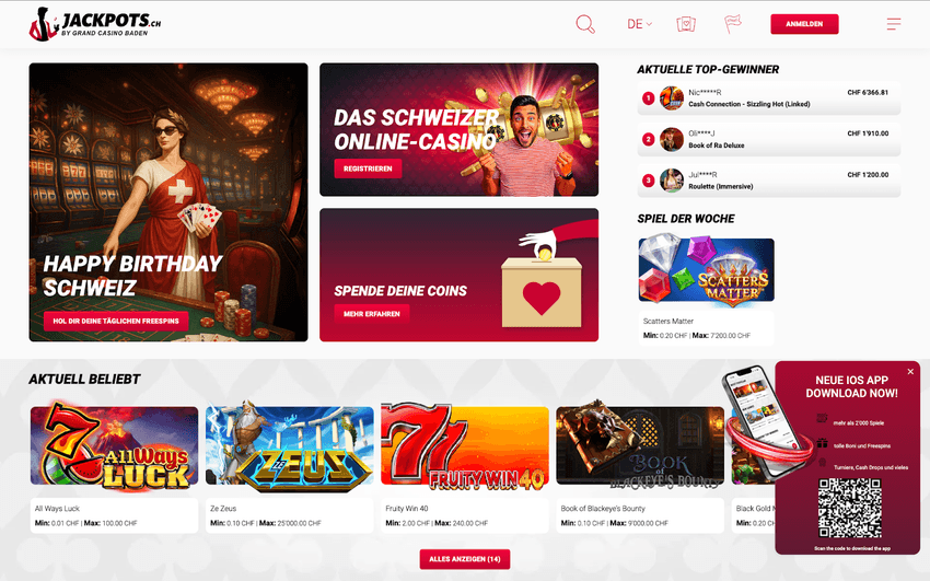 Screenshot der offiziellen Website von Jackpots.ch Offizielle Website von Jackpots.ch