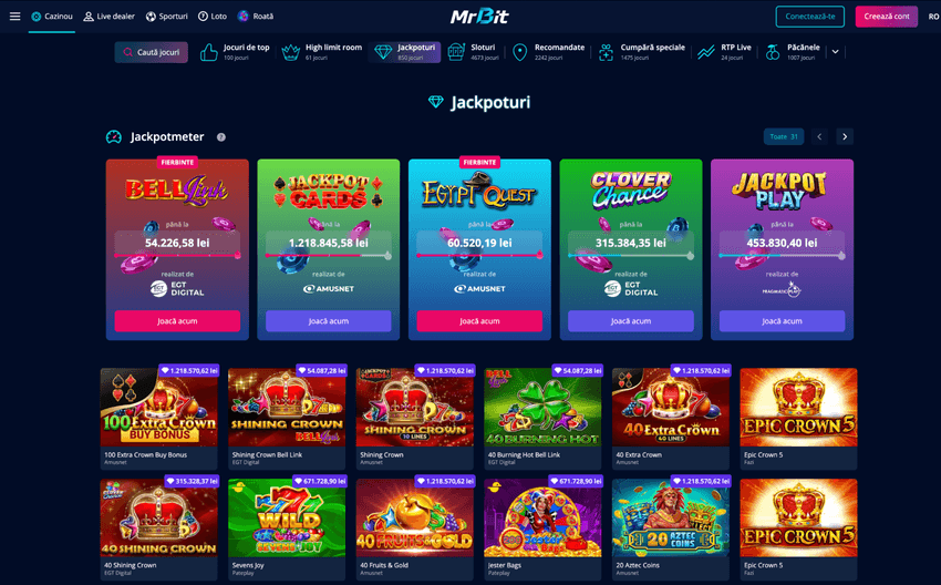 Secțiunea de jocuri cu jackpot și instrumentul Jackpotmeter de la cazinoul Mr Bit