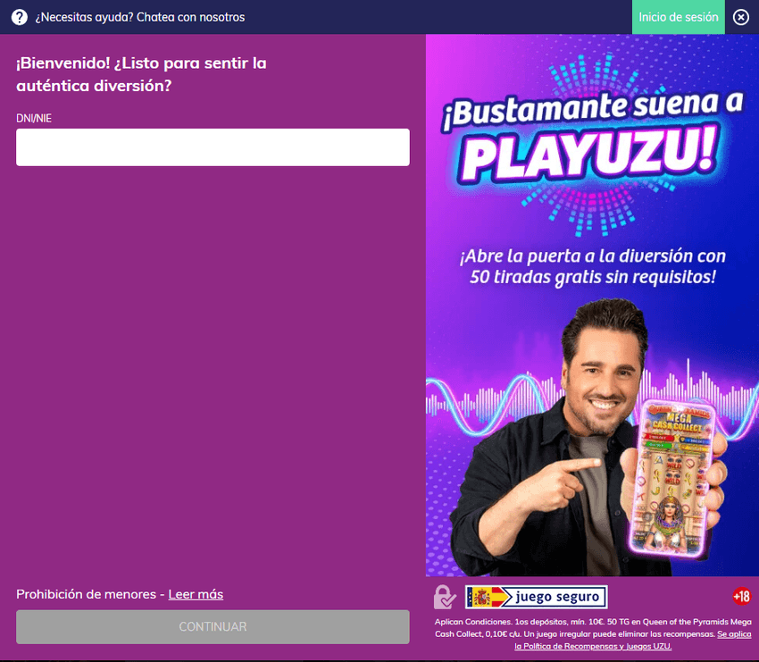 Acceso a PlayUZU Pantalla de inicio de sesión en PlayUZU con promoción de tiradas gratis