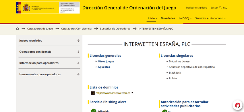 Ficha de Interwetten España en el registro de operadores con licencia de la DGOJ