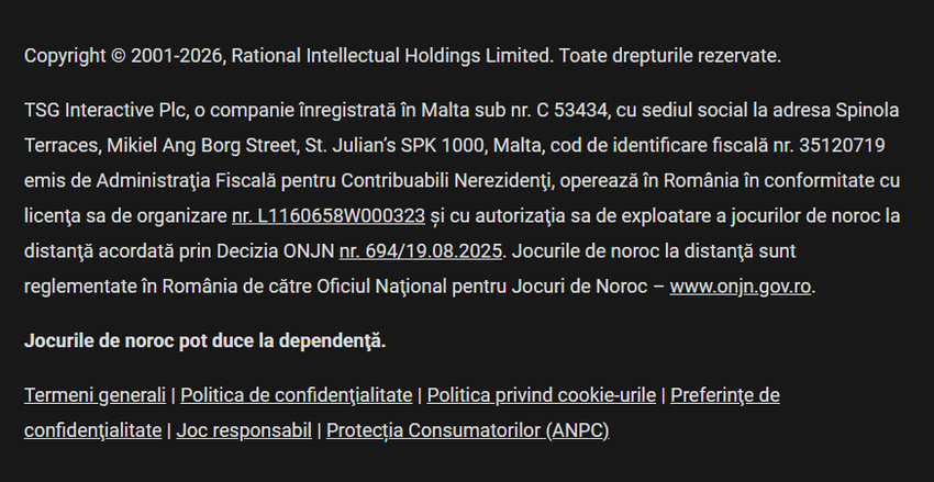 Subsolul site-ului cu informații despre licență și reguli