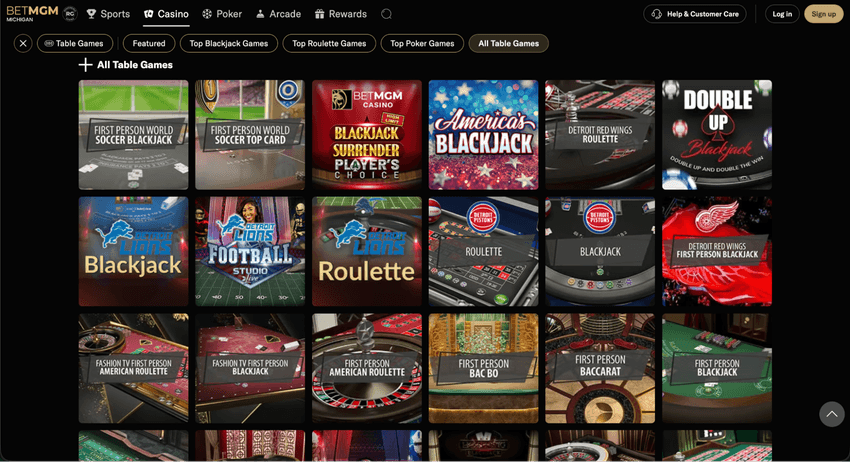 Evolution Table Games at BetMGM Michigan BetMGM Michigan table games lobby with Evolution blackjack, roulette, baccarat and First Person games