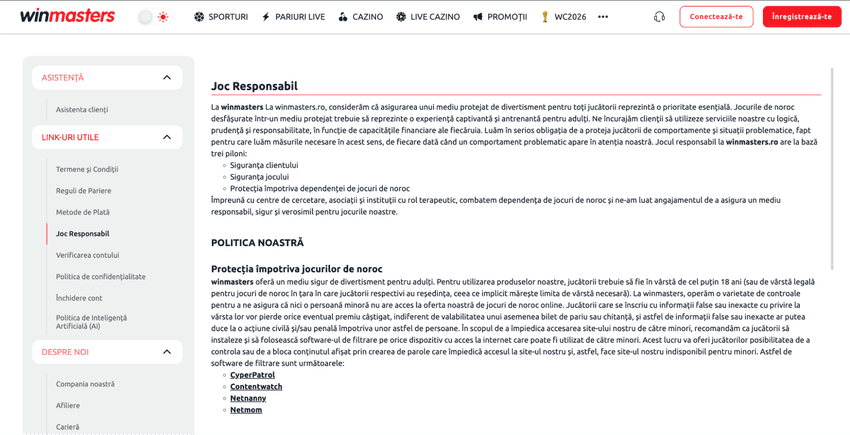 Pagina dedicată politicii de joc responsabil la Winmasters.