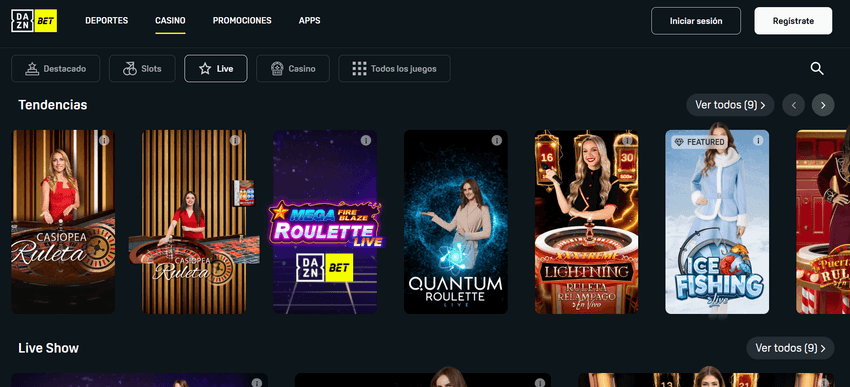 Casino en vivo de DAZN Bet Catálogo de casino en vivo de DAZN Bet con ruleta en directo, Lightning Roulette y otros juegos con crupier.
