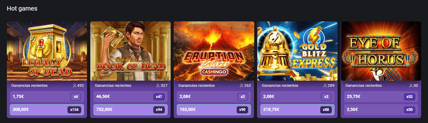 Ganancias recientes OneCasino Sección Hot games de OneCasino mostrando ganancias recientes en tragaperras