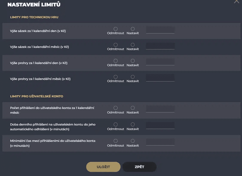 Nastavení finančních a časových limitů hráče v online kasinu.