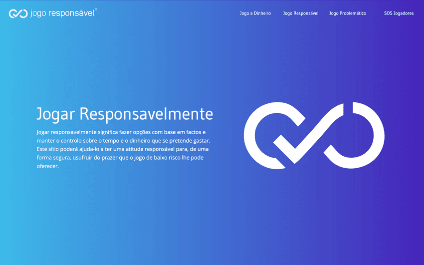Ecrã inicial do site Jogo Responsável com o título “Jogar Responsavelmente” e texto explicativo sobre controlo do tempo e do dinheiro.