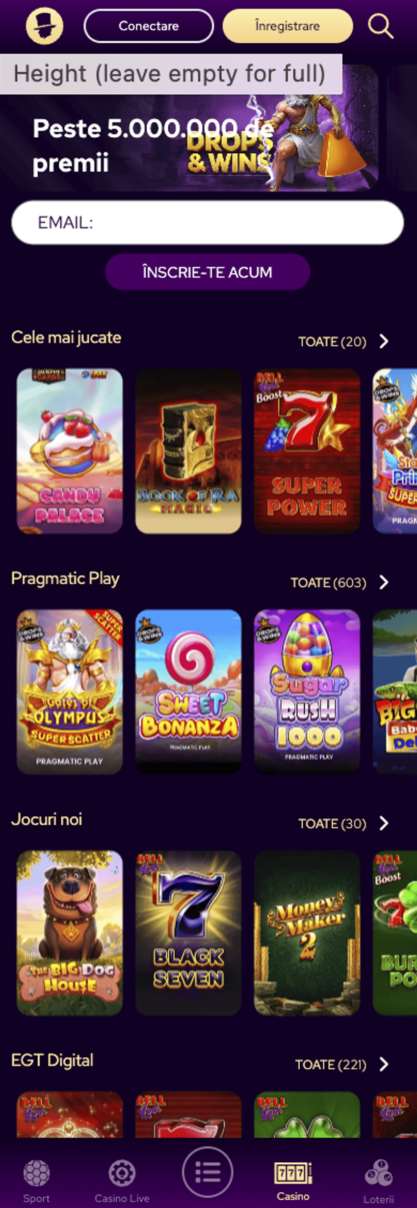 Versiunea mobilă a site-ului GP Casino, cu secțiuni pentru cele mai jucate jocuri, Pragmatic Play, jocuri noi și EGT Digital