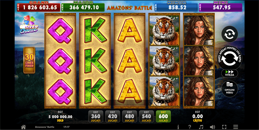 Gameplay Amazons' Battle de la EGT Digital cu jackpot Clover Chance și simboluri tematice inspirate din mitologie