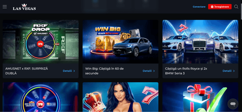 Promoții și campanii Las Vegas Casino Pagina de promoții Las Vegas Casino cu campanii Win Big și Amusnet RXF