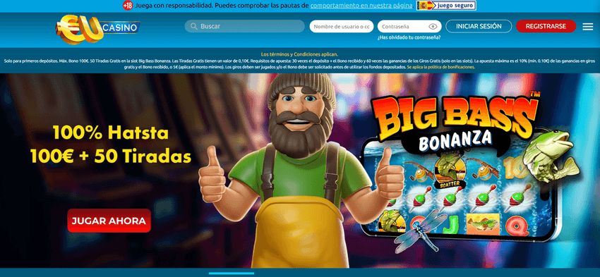 Página principal de EUcasino España Página principal de EUcasino España con bono de bienvenida y Big Bass Bonanza