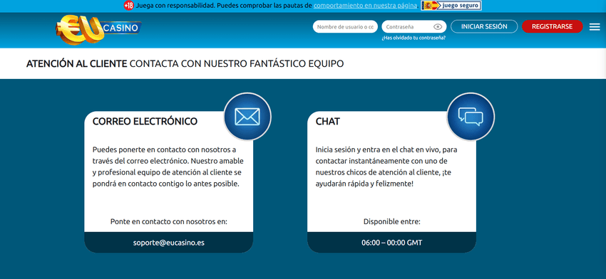 Soporte al cliente de EUcasino Atención al cliente de EUcasino mediante correo electrónico y chat en directo