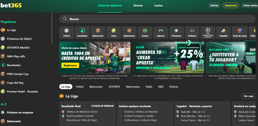Interfaz de Bet365 con apuestas deportivas, promociones y eventos en directo
