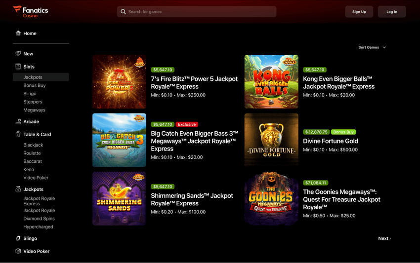 Fanatics Casino Jackpot Slots Fanatics Casino jackpot games lobby featuring progressive and fixed jackpot slot titles