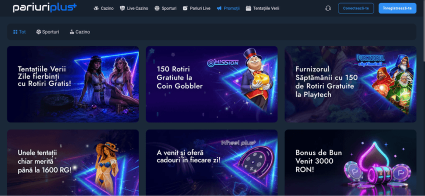 Pagina de promoții PariuriPlus cu rotiri gratuite, bonus de bun venit și oferte pentru furnizori