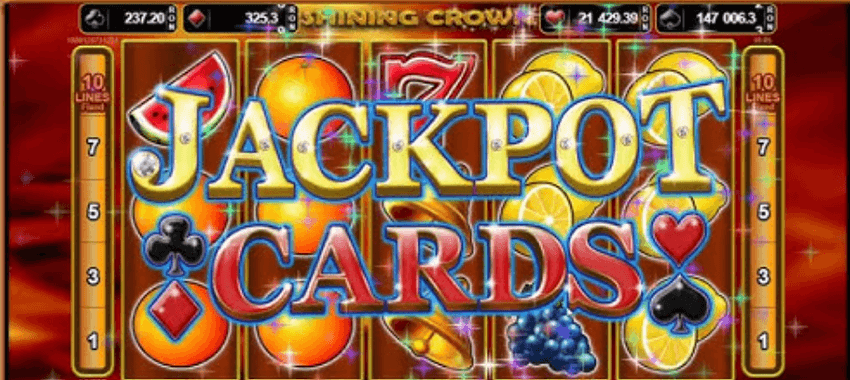 Ecran Jackpot Cards în slotul Shining Crown cu cele patru jackpoturi progresive afișate în partea de sus.