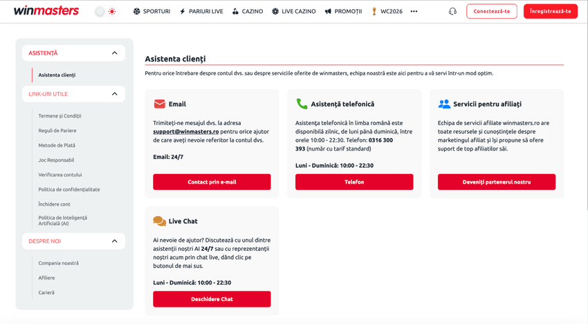Pagina de contact și suport pentru clienții Winmasters.